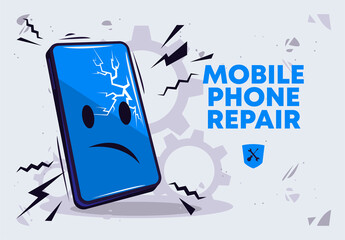Vector illustration fictional sad character mobile phone, broken glass on phone, mobile phone repair, phone screen replacement