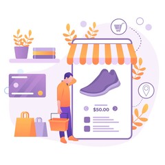 Online Shopping flat design for web page, social media, documents, cards, posters.