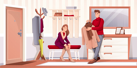 People putting clothes on in hallway at home. Man with coat and woman sitting on bench in house vector illustration. Foyer room interior design horizontal background with staricase and doors