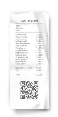Receipt, paper bill, shop and supermarket check vector illustration template. Realistic list of purchases with prices, QR code, taxes, payment with money on white. Finance transactions