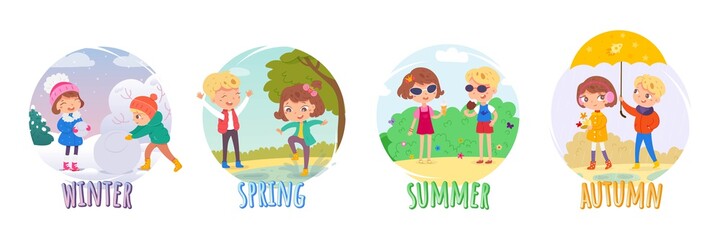 Kids in four seasons set: winter, spring, summer, autumn. Children in different weather vector illustration. Girl and boy building snowman, in puddle, eating ice cream, under umbrella