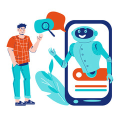 Chatbot robot or virtual assistant, cartoon vector illustration isolated on white background. Robotic technical support and customer service concept with bot and customer.