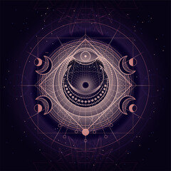 Vector illustration of Sacred geometry symbol on abstract background. Mystic sign drawn in lines. Image in purple color.