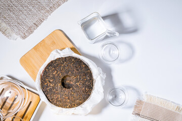 Shu pu-erh tea. tea ceremony top view, flat lay. healthy food healthy drinks herbal tea