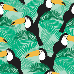 Cute seamless pattern with random toucan, flat vector stock illustration with repeating birds in leaves for printing on fabric, textile