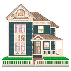 House. Two-storey building. Living spaces. Architectural concept. Town. The country. Vector drawing. Construction and repair. Sale. White background. Can be used in web design.