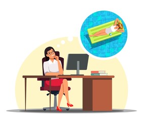 Woman sitting at desk in office, dreaming of rest