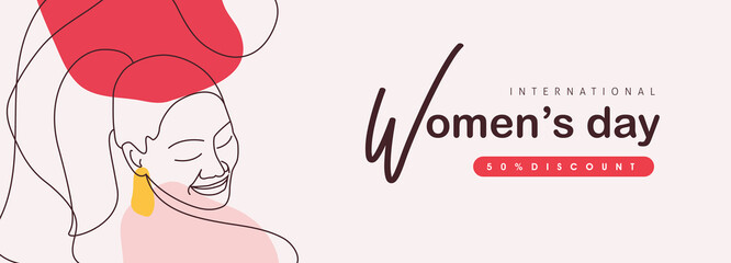 Women's Day sale banner. International women's Day greeting card template. Postcard on March 8.