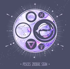 Modern magic witchcraft card with astrology Pisces zodiac sign. Alcohol ink background. Zodiac characteristic
