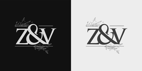 ZV Initial logo, Ampersand initial Logo with Hand Draw Floral, Initial Wedding Font Logo Isolated on Black and White Background.