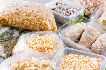 Set of various frozen products. Frozen food, vegetables and meat
