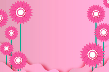 Happy Womens Day. 8 March. Pink Spring Flower paper cut style. . Mothers day. Beautiful nature. Summer. Pink paper wave background. Space for text.