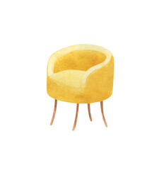 Watercolor illustration of different styles of armchair. Stylish armchair made of corduroy.