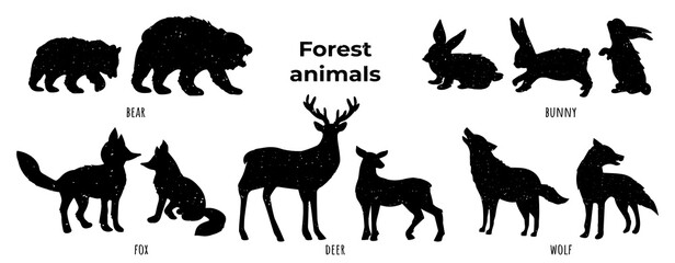 silhouettes of forest animals. bunny, deer, bear, wolf, fox. Vector graphics. eps format