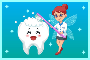 Cute Illustration, Tooth Fairy brushing teeth