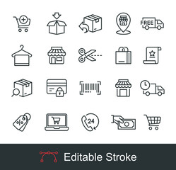 Ecommerce Icon Set. online shopping, Bag, Add cart trolley, fast shipping truck logistic Hanger towel  Editable stroke Line icon outline style Vector illustration design on white background EPS 10