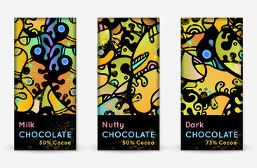 Chocolate Bar Packaging Set. Vector Template With Contrast Ornament Elements. Product Branding Template. Label Pattern Packaging Design. Collection Multicolor Crazy Print. Linear Hand Drawn Doodle.