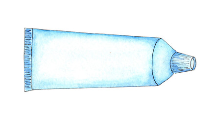 Watercolor illustration white glossy plastic tube with lid for cosmetics, body cream, skin care, gel, lotion, glue, toothpaste. Front side view. Isolated on white background.