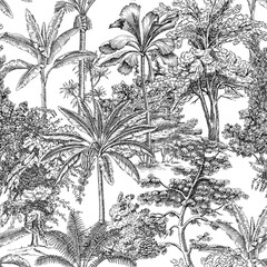 Toile tropical palms tree, plant vintage graphic seamless pattern. floral landscape botanical jungle.