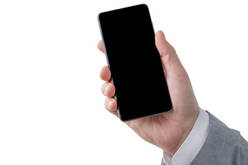Telephone in hand of businessman showing it isolated on white background