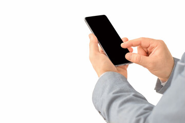 Telephone in hands of businessman touching its screen isolated on white background