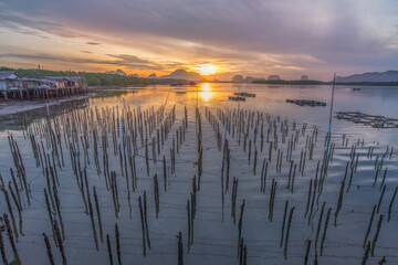 Fishing village and sunrise at Samchong-tai, Phang Nga , Thailand