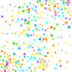 Rainbow Festive Confetti. Carnival Template. Colorful Star Falling. Beautiful Holidays Party. Little Tiny Multicolor Sprockets on White Background. Bright Vector Illustration.