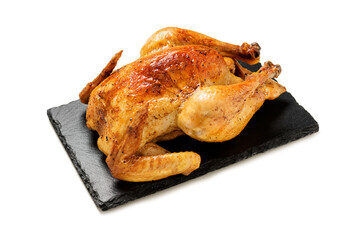 Whole roasted chicken isolated on white background