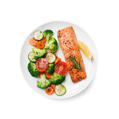 Baked salmon fillet with broccoli and vegetables mix isolated on white background	