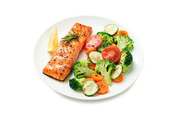Baked salmon fillet with broccoli and vegetables mix isolated on white background	