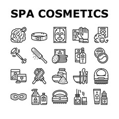 Spa Cosmetics Beauty Collection Icons Set Vector. Spa Cosmetics And Accessories, Mask And Aqua Bomb, Special Gloves And Brush Black Contour Illustrations