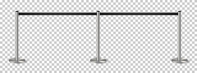 Belt barrier with stanchions and black ropes. Security control metal pole posts vector illustration. Airport entry rails, zone chrome dividers, vip barricade on transparent background