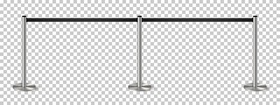 Belt barrier with stanchions and black ropes. Security control metal pole posts vector illustration. Airport entry rails, zone chrome dividers, vip barricade on transparent background