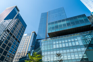 Looking up at the commercial buildings in downtown Guangzhou, China