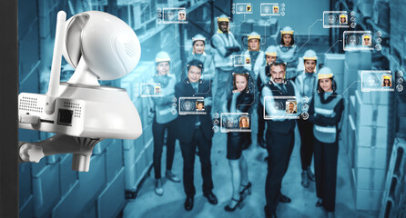 Facial recognition technology for industry worker to access machine control . Future concept interface showing digital biometric security system that analyze human face to verify personal data .