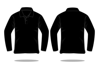 Blank Black Long Sleeve Polo Shirt Vector For Template.Front And Back View.
