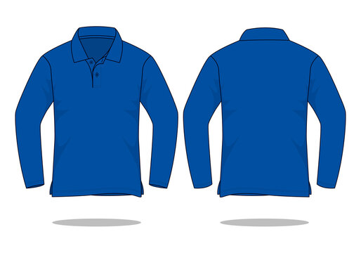 Blank Blue Long Sleeve Polo Shirt Vector For Template.Front And Back View.