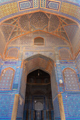 Beautiful blue tile mosaic decoration inside landmark ancient Shah Jahan mosque in Thatta, Sindh, Pakistan