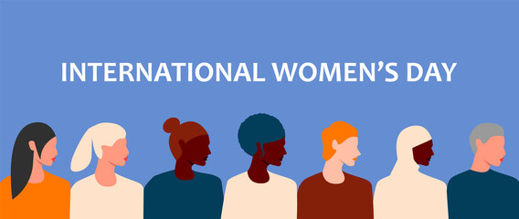 Horizontal poster with womens faces of different ethnic groups and cultures. International womens day. 8th march. Womens friendship, solidarity, sisterhood. Women empowerment movement. Eps 10