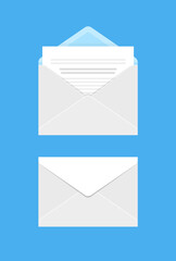 Open and closed white envelopes with message vector icons on a blue background 