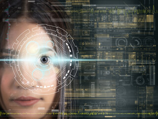 Asian women being futuristic vision, digital technology screen over the eye vision background, security and command in the accesses. surveillance and sefety concept