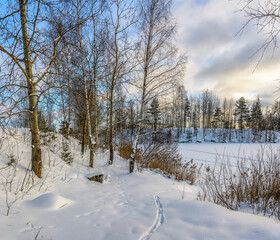 Winter evening on the banks of an old quarry.