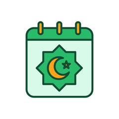 Ramadan icon filled outline date, eid, fasting islam icon. iftar Schedule. Arabic months name,  Lunar Hijri calendar page with muslim moon and star Vector illustration design on white bakground EPS 10