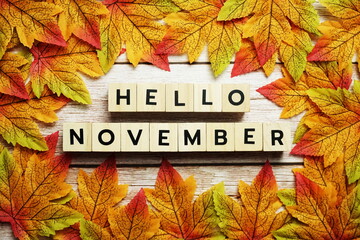 Naklejka na ściany i meble Happy November alphabet letter with maple leaves decoration on wooden background