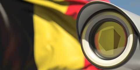 Surveillance camera and flag of Belgium. National security system concept. 3D rendering