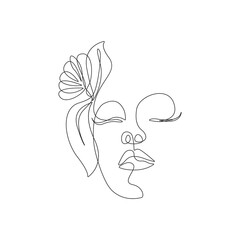 Woman Head with Flowers One Line Drawing. Continuous Line Woman and Flowers. Abstract Contemporary Design Template for Covers, t-Shirt Print, Postcard, Banner etc. Vector EPS 10.