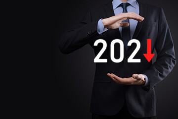 Plan business negative growth in year 2021 concept. Businessman plan and increase of negative indicators in his business, decline down business concepts.