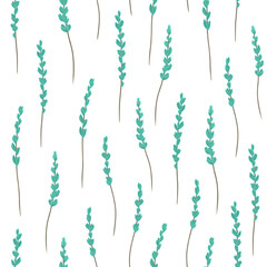 Softness loral seamless pattern. Hand drawn twigs with abstract teal blue flowers and leaves on white background. Summer or spring design template.