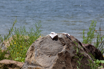 A pair of wet socks draped on top of a large boulder near a body of water.