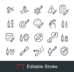 Vaccine Icon Set, No vaccination, Nurse, pandemic world, Vaccine Against Virus schedule time, medical syringe child immunization. Editable stroke vector illustration design on white background. EPS 10